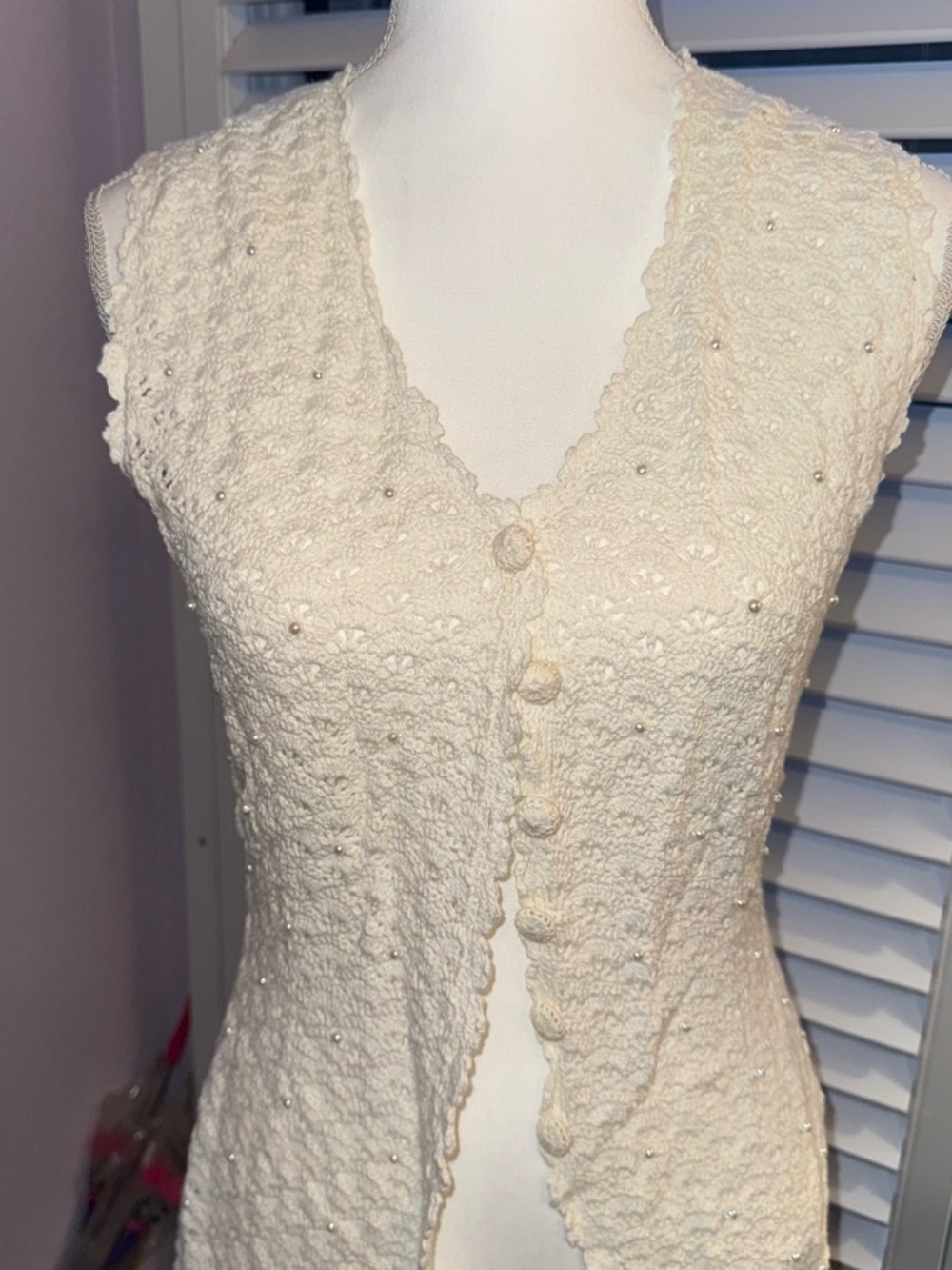 Cream Crochet Beaded Button-Front Vest